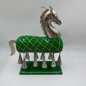Source Unknown Green and Silver Horse Sculpture